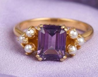 Vintage Amethyst Pearl Ring, Emerald Cut 14k Solid Gold Cluster Band, February Birthstone