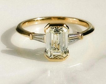 Emerald Cut Moissanite Engagement Ring: Three Stone Baguette Half Bezel Setting