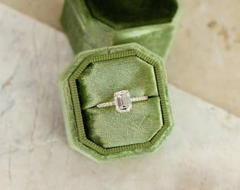 Vintage Emerald Cut Moissanite Engagement Ring: Half Eternity Diamond Wedding Band