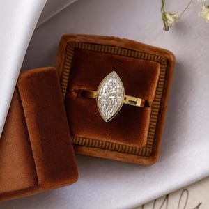 Marquise Cut Moissanite Engagement Ring, Thick Band Bezel Set Diamond Solitaire Ring, Plain Wide Band Gold Proposal Ring, Anniversary Gift