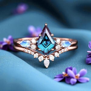 Kite Cut Alexandrite Engagement Ring Set: Rose Gold Art Deco Bridal Jewelry