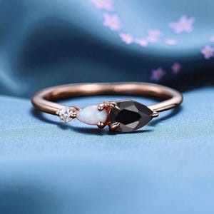 Vintage Black Onyx Opal Engagement Ring, Pear Cut Gem Art Deco Moissanite Wedding Band,3 Stone Unique Women Bridal Promise Ring Gift, Custom