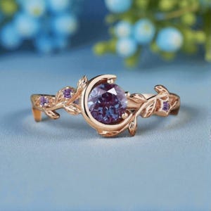 Alexandrite Engagement Ring, Nature Inspired Color Change Ring, Moon Design Women Jewelry Branch Leaf Amethyst Wedding Ring Gift For Mother