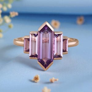 Hexagon Amethyst Ring: Rose Gold Baguette Bezel, Vintage Bridal