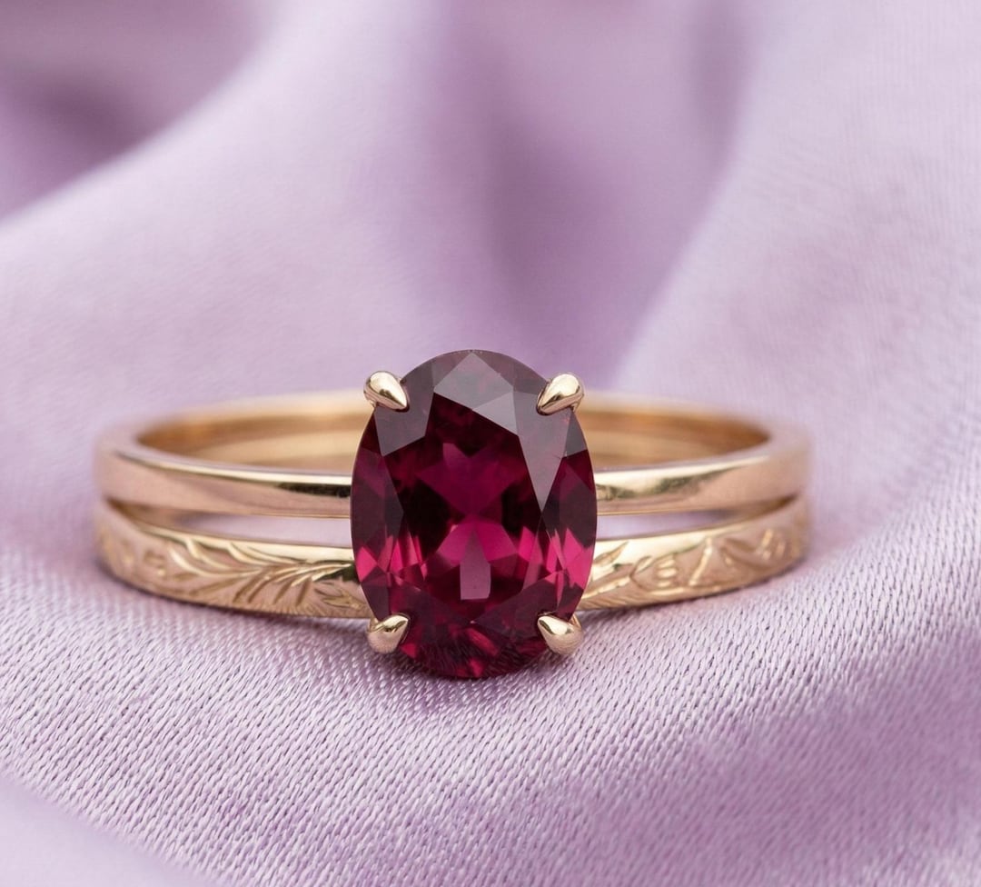 Oval Ruby Engagement Ring Set – 14K Solid Gold Vintage Style Proposal ...