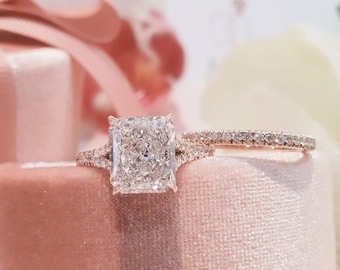 2.5 CT Radiant Cut Moissanite Engagement Ring Set, Diamond Bridal Ring Set, Moissanite Stacking Wedding Band, Delicate Promise Ring for Wife