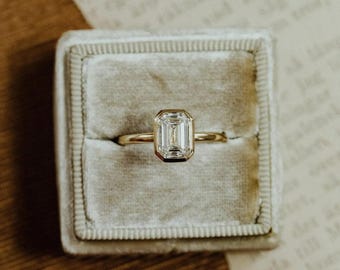 Vintage 2CT Emerald Cut Moissanite Ring: Bezel Set Gold Wedding Promise