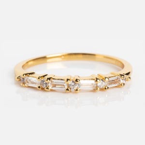 Baguette Moissanite Wedding Ring: 14K Gold Half Eternity Bridal Ring