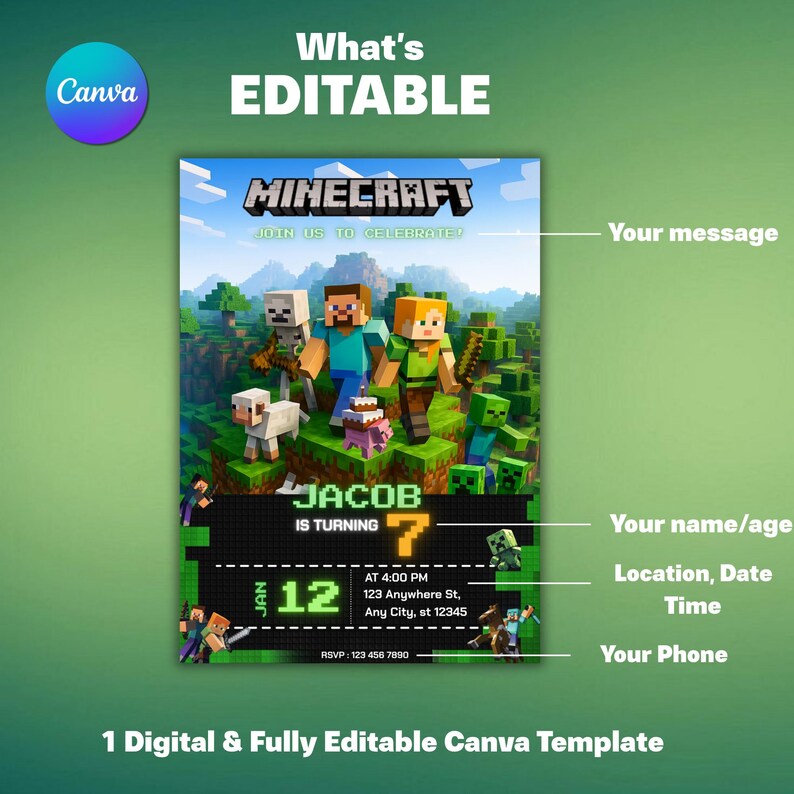 Editable Minecraft Birthday Invitation, Pixel Gamer Party Invite for ...