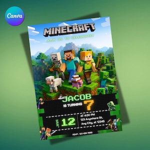 Minecraft-Geburtstagseinladung | Druckbare Minecraft Party Karte | Bearbeitbar Canva Invite | Jungen Videospiel Geburtstag einladen | Kids Party Invi