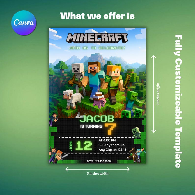 Editable Minecraft Birthday Invitation, Pixel Gamer Party Invite for ...