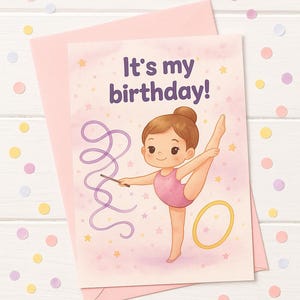 Carte d’invitation anniversaire gymnastique rythmique – PDF imprimable kawaii 10×15 cm – Invitation enfant fête fille - birthday party