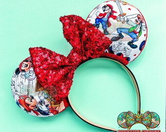 Bandeau pirate, oreilles de souris, nœud à sequins rouges, icônes du parc d'aventures