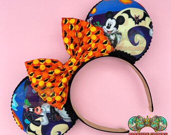 Spooky Halloween Party Mouse Ears Orange Bat Bow Haunted Autumn Park Icons Headband