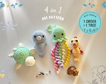 4-i-1 virkmönster för havsdjur | Sköldpadda, sjöhäst, säl, manet | Amigurumi-plysch i PDF-format | Gör-det-själv-gosedjur | Direkt nedladdning
