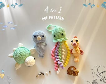 May include: A collection of four crocheted sea creatures: a turtle, a bird, a jellyfish, and a seahorse. The jellyfish has rainbow tentacles. The text "4 in 1 PDF PATTERN" is at the top. The background has sea-themed decorations.