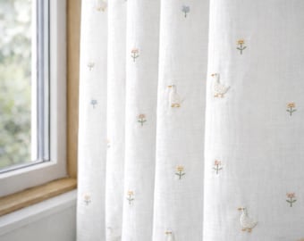 Hand-Embroidered Goose Linen Nursery Curtain, Floral Light-Filtering Window Panel