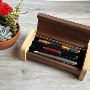 Handmade Walnut & Maple Fountain Pen Box – 3-Pen Wooden Display Case – Luxury Desk Organizer for Fountain Pen Collectors