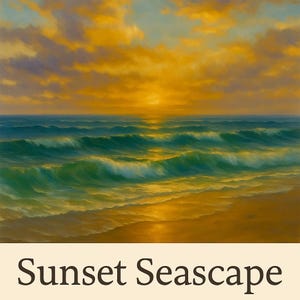 Sunset Ocean Oil Painting Printable Digital Coastal Wall Art Tranquil Beach Landscape Decor