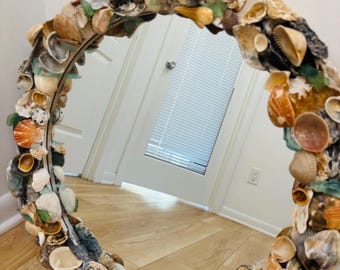 Round mirror, 24x24 inches with shells and sea glass