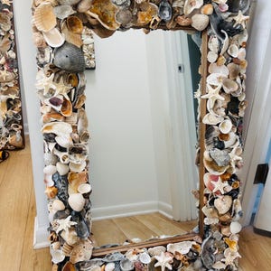 Large Oyster and Shell wood  frame mirror, hanging; 24x36