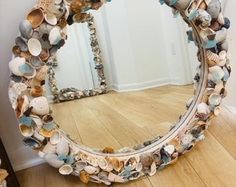 Round mirror, 24x24 inches with shells and sea glass
