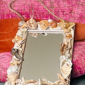 Shell frame mirror, hanging; 12x18 with hanging rope; beach , coastal