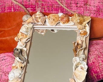Shell frame mirror, hanging; 12x18 with hanging rope; beach , coastal