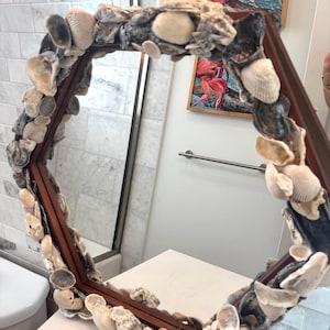 Oyster Shell Mirror: 24&quot; Hexagon Wood Frame, Coastal Decor