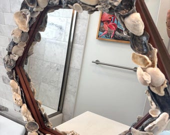 Oyster Shell Mirror: 24" Hexagon Wood Frame, Coastal Decor