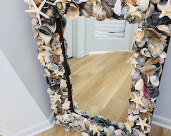 Large Oyster and Shell wood  frame mirror, hanging; 24x36