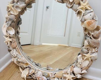 Round mirror, 24x24 inches wooden mirror  with shells, starfish and sea glass