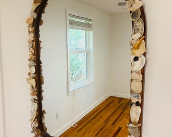 Arched shell and wooden mirror 24x36