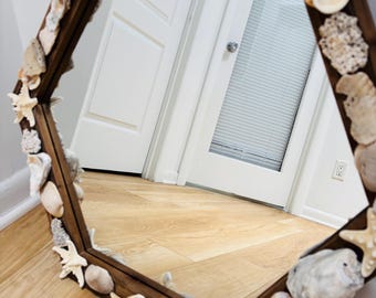 Oyster Shell Mirror: 24" Hexagon Wood Frame, Coastal Decor