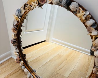 Round mirror 24in x 24 in with shells and sea glass