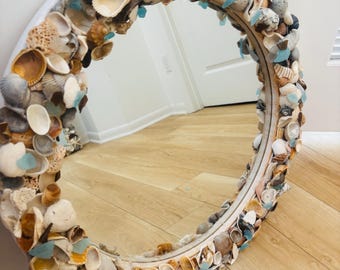 Round mirror, 24x24 inches with shells and sea glass