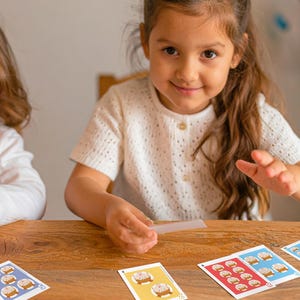 Puede incluir: Una niña sonríe mientras juega un juego de cartas sobre una mesa de madera. Las cartas presentan ilustraciones de productos horneados. La niña lleva un suéter blanco texturizado. Varias cartas son visibles, con diseños coloridos y números.