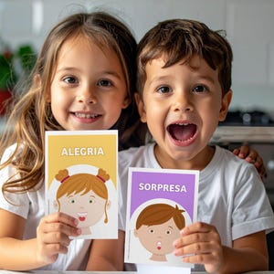 Può includere: Due bambini sorridenti tengono in mano delle carte con illustrazioni di volti e le parole "ALEGRIA" e "SORPRESA". Le carte hanno uno sfondo giallo e viola. I bambini indossano magliette bianche.