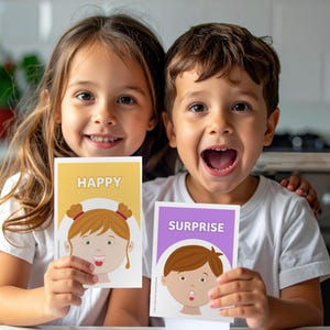 Puede incluir: Dos niños sostienen tarjetas de emociones. Una tarjeta dice "HAPPY" con una ilustración de dibujos animados de una cara sonriente. La otra tarjeta dice "SURPRISE" con una cara sorprendida.