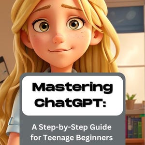 Op de afbeelding: Geanimeerde illustratie van een jonge persoon met blond haar en een lichtblauw overhemd. Een bord voor de persoon luidt: "Mastering ChatGPT: A Step-by-Step Guide for Teenage Beginners."