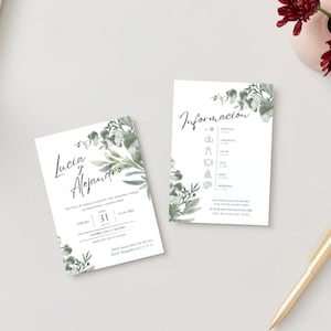 Pack plantillas para boda invitaciones, minutas, pegatinas, logo, cartel bienvenida, tarjeta QR para álbum compartido de fotos, etc
