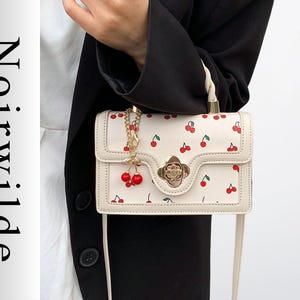Cherry Print Mini Crossbody Bag, Kawaii Shoulder Purse With Gold Chain Charm, Cute Vegan Leather Handbag For Women & Girls
