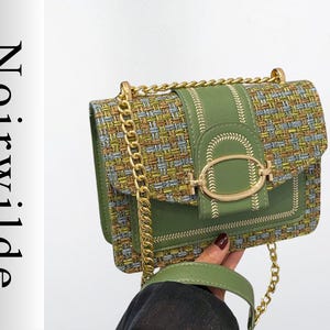 Plaid Pattern Chain Flap Square Bag – Green Tweed Texture Crossbody with Gold Hardware – Chic Retro Shoulder Purse for Women
