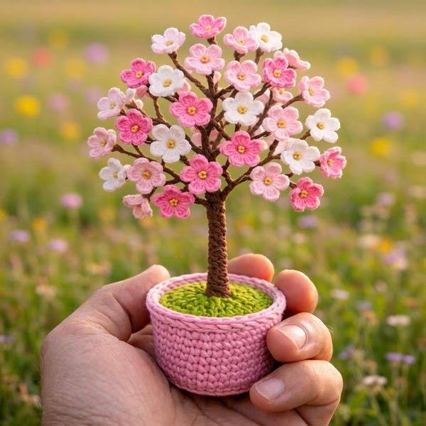 Wzór na szydełkowe drzewo wiśniowe – dekoracja doniczki z kwiatem sakura amigurumi (do pobrania w formacie PDF)