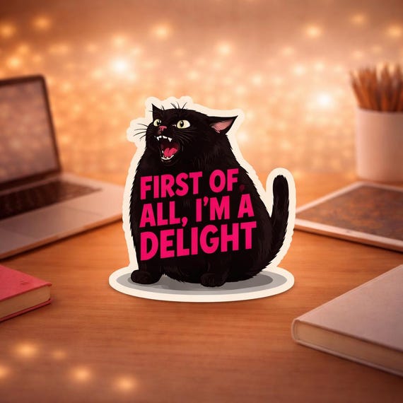 Funny Black Cat Sticker, First of All Im a Delight, Sarcastic Quote Vinyl Decal, Waterproof Laptop Sticker, Cat Lover Gift
