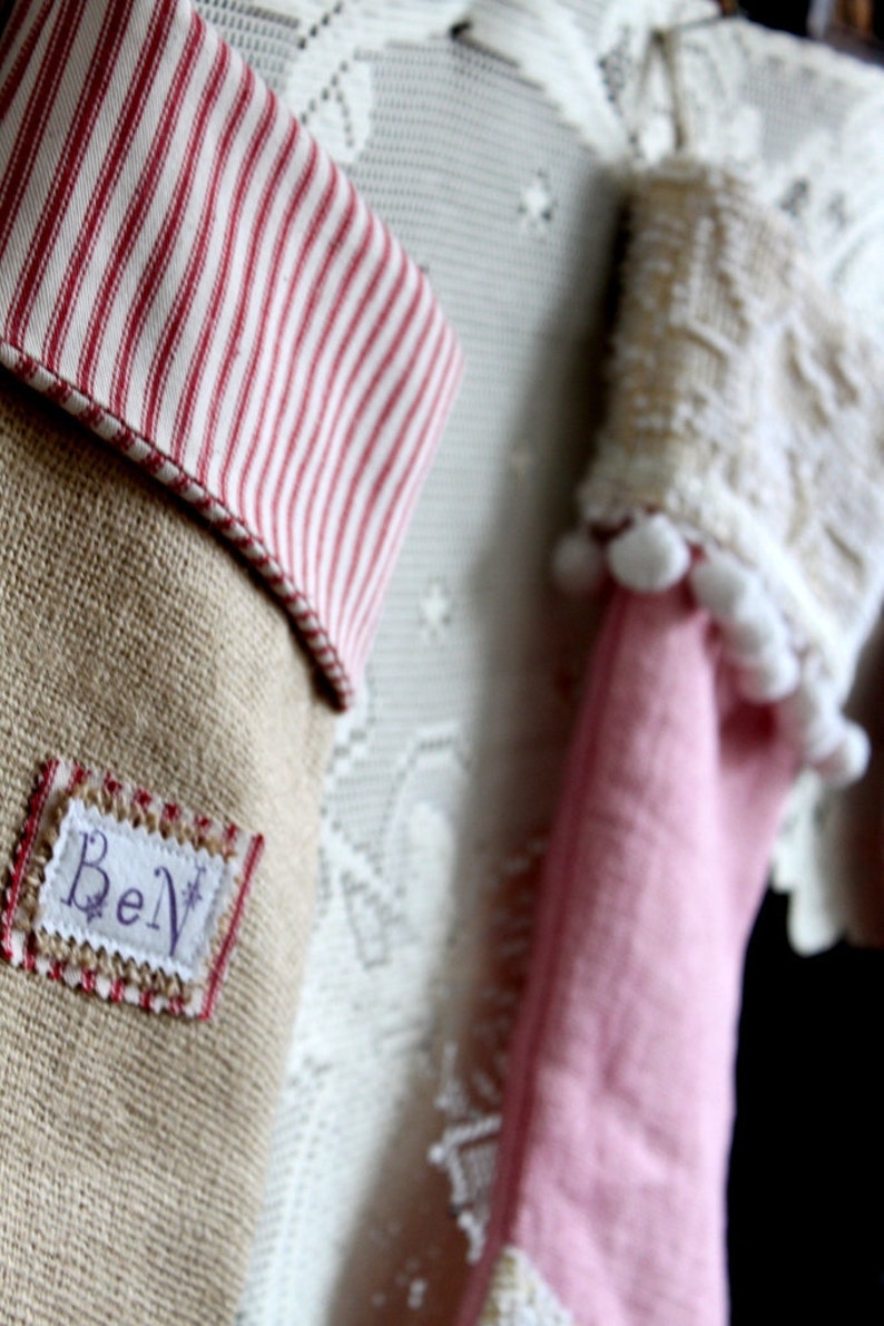 Personalized Burlap Christmas Stocking, the BURLAP TICKING CLASSIC, Red