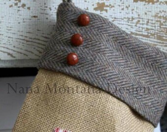 The Original Manly Montana Burlap Christmas Stocking, Personalized, Vintage Wool Tweed , Leather Buttons, ticking, personalized tag