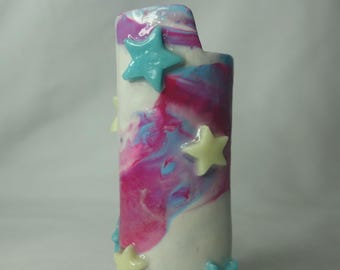 Marbled background with glow-in-the-dark stars - handmade, polymer clay, lighter sleeve