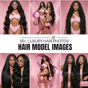Op de afbeelding: Een digitale collectie stockfotografie met modellen met lang, donker, golvend en steil haar. De modellen dragen roze badpakken en accessoires tegen een roze achtergrond. De tekst luidt: HAIR BUSINESS STOCK PHOTO BUNDLE FT. 50+ STOCK IMAGES 50+ LUXURY HAIR PHOTOS HAIR MODEL IMAGES.