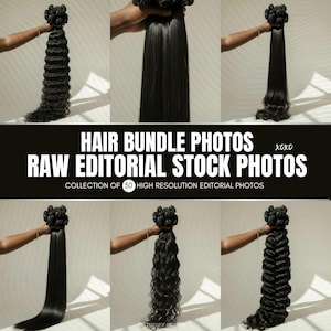 Può includere: Una collezione di ciocche di capelli neri in vari stili, da lisci a ricci. Le ciocche sono tenute in mano, mostrando le diverse lunghezze e texture. L'immagine include il testo: "HAIR BUNDLE PHOTOS RAW EDITORIAL STOCK PHOTOS".